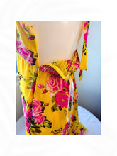 Load image into Gallery viewer, Betsey Johnson Yellow Floral Halter Dress Ruffle Hem Silk Blend Size 6