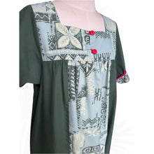 Load image into Gallery viewer, Vintage Ruh Made in Hawaii Muumuu Dress Green Tapa Print Red Buttons