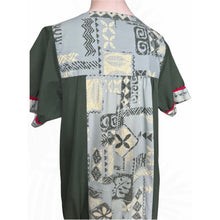 Load image into Gallery viewer, Vintage Ruh Made in Hawaii Muumuu Dress Green Tapa Print Red Buttons