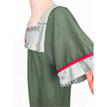 Load image into Gallery viewer, Vintage Ruh Made in Hawaii Muumuu Dress Green Tapa Print Red Buttons
