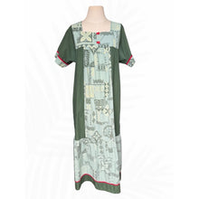 Load image into Gallery viewer, Vintage Ruh Made in Hawaii Muumuu Dress Green Tapa Print Red Buttons
