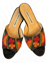 Load image into Gallery viewer, Manolo Blahnik Floral Embroidered Slide Sandals Black Multi Color Size 36
