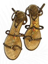 Load image into Gallery viewer, Chanel CC Gem Chain T-Strap Wedge Sandals Gold Quilted Leather Size 35 / US 5
