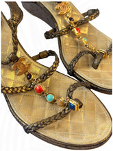 Load image into Gallery viewer, Chanel CC Gem Chain T-Strap Wedge Sandals Gold Quilted Leather Size 35 / US 5
