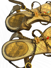 Load image into Gallery viewer, Chanel CC Gem Chain T-Strap Wedge Sandals Gold Quilted Leather Size 35 / US 5
