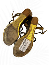 Load image into Gallery viewer, Chanel CC Gem Chain T-Strap Wedge Sandals Gold Quilted Leather Size 35 / US 5

