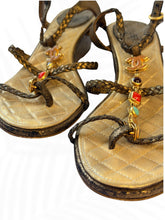 Load image into Gallery viewer, Chanel CC Gem Chain T-Strap Wedge Sandals Gold Quilted Leather Size 35 / US 5
