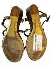 Load image into Gallery viewer, Chanel CC Gem Chain T-Strap Wedge Sandals Gold Quilted Leather Size 35 / US 5
