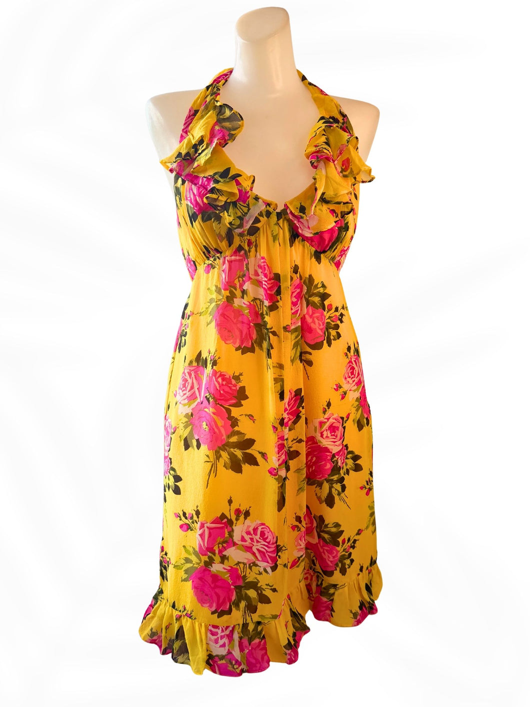Betsey Johnson Yellow Floral Halter Dress Ruffle Hem Silk Blend Size 6 – MaliaKai Boutique