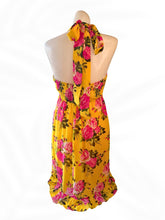 Load image into Gallery viewer, Betsey Johnson Yellow Floral Halter Dress Ruffle Hem Silk Blend Size 6
