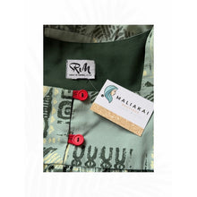 Load image into Gallery viewer, Vintage Ruh Made in Hawaii Muumuu Dress Green Tapa Print Red Buttons
