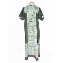 Load image into Gallery viewer, Vintage Ruh Made in Hawaii Muumuu Dress Green Tapa Print Red Buttons
